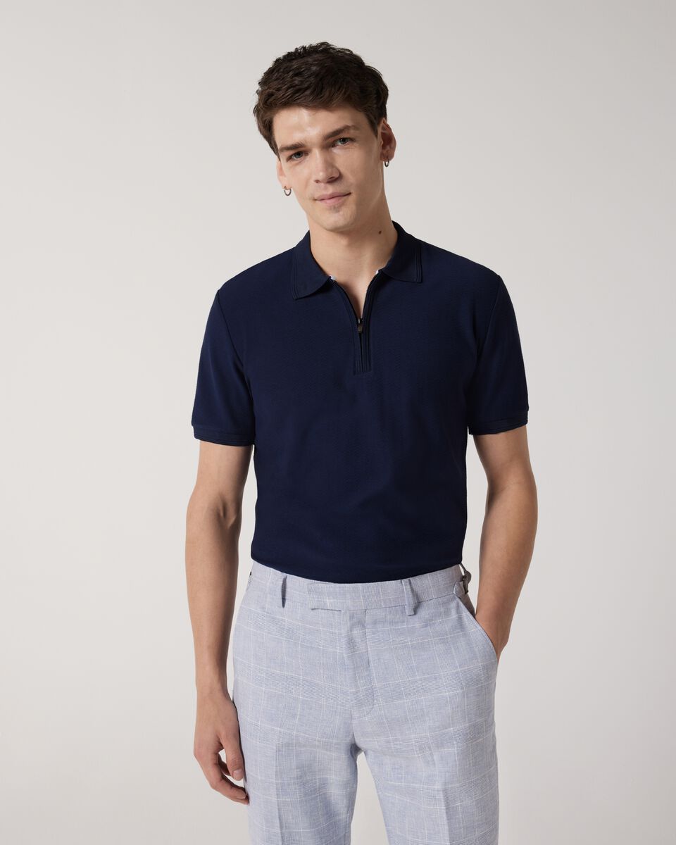 Textured Zip-up Polo, Navy, hi-res